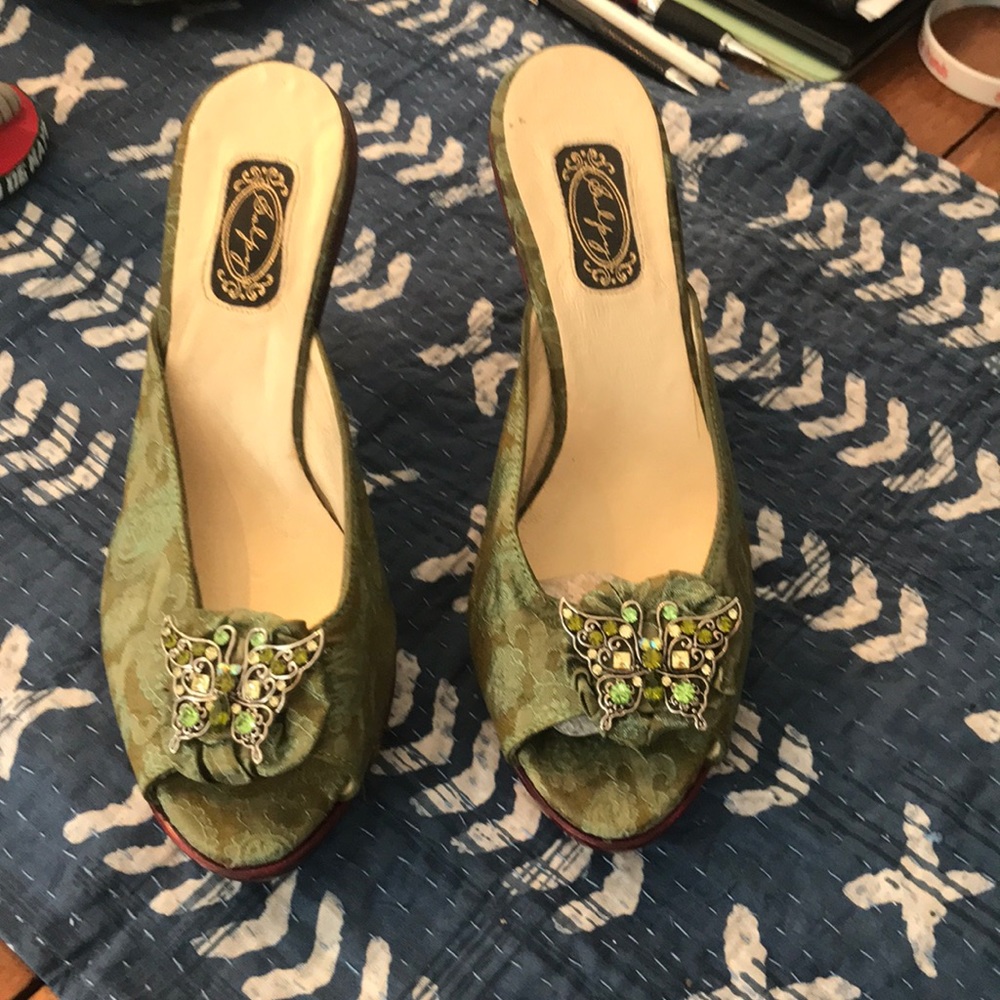 Green fancy mules with jewel front piece